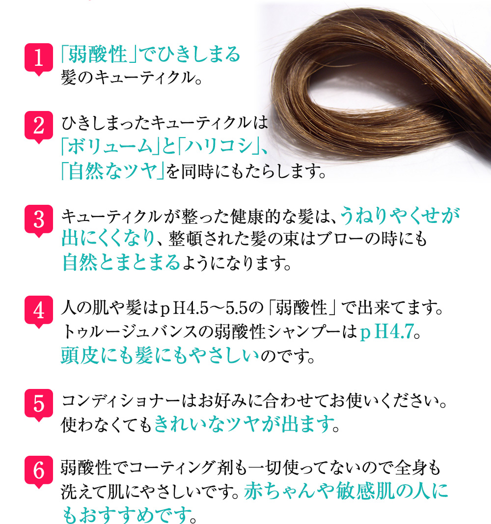 「弱酸性」でひきしまる髪のキューティクル...赤ちゃんや敏感肌の人にもおすすめです。